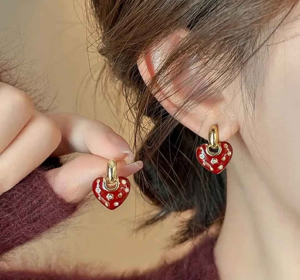 Dainty Red Heart Drop Earring with Crystal Accents