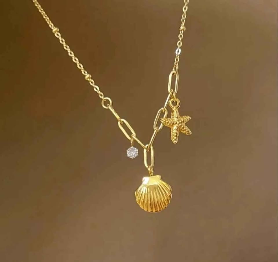 Gold- Tone Ocean Charm Necklace with Mixed Chain