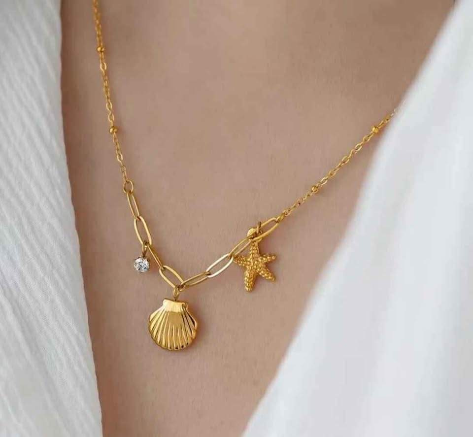 Gold- Tone Ocean Charm Necklace with Mixed Chain