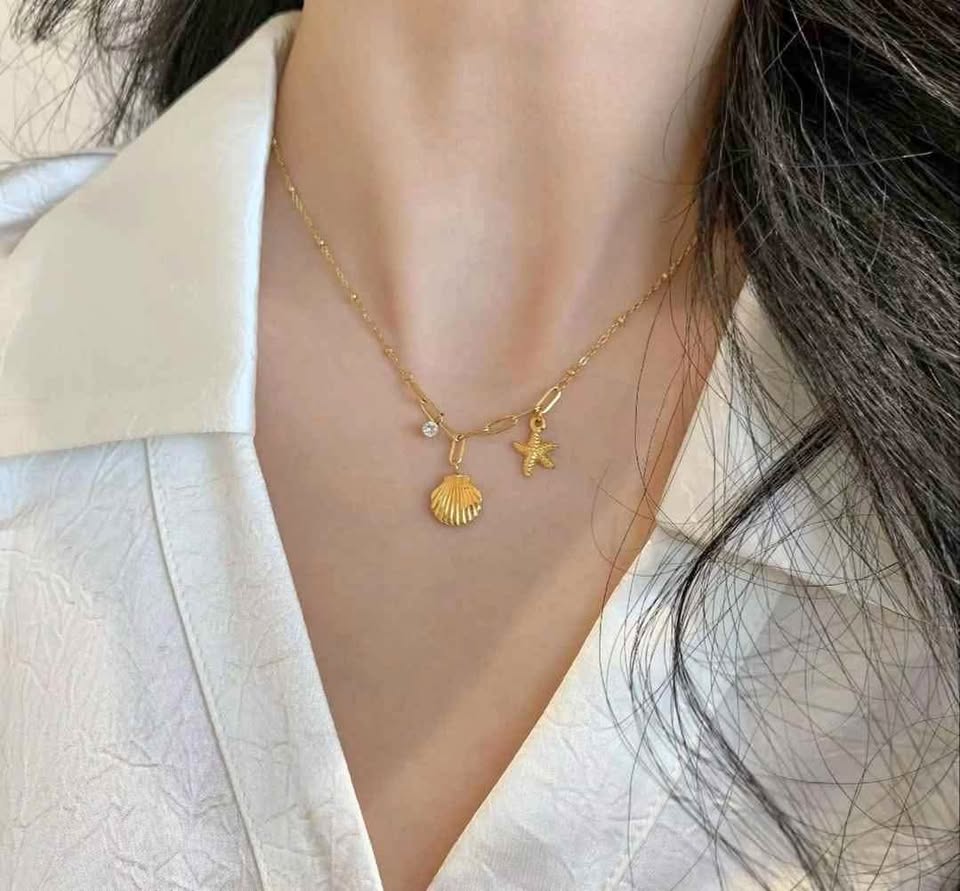 Gold- Tone Ocean Charm Necklace with Mixed Chain