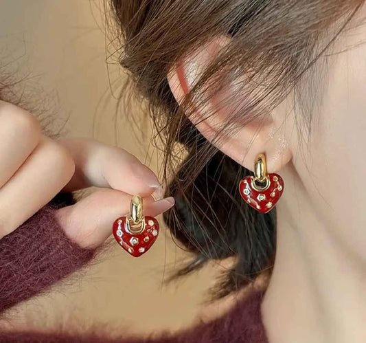 Dainty Red Heart Drop Earring with Crystal Accents