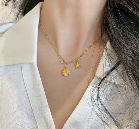 Gold- Tone Ocean Charm Necklace with Mixed Chain